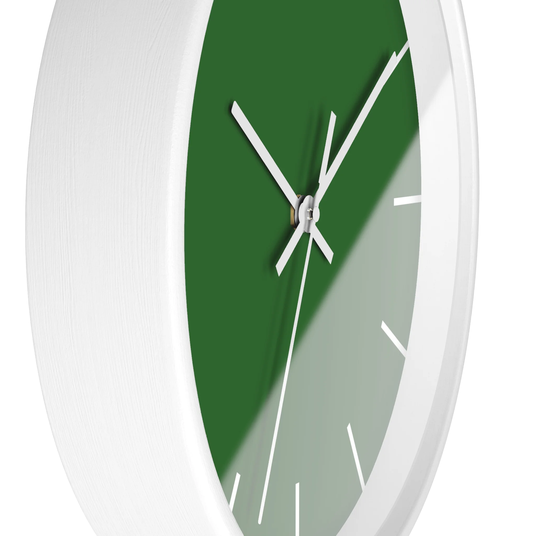 Mughal green silent wall clock, white base, white hands, white markers, 10 inch, side view.