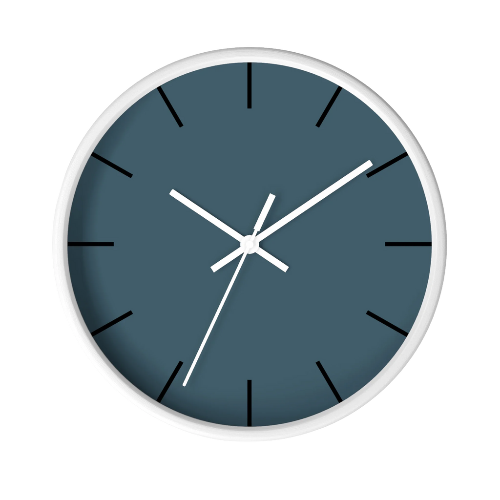 Navy blue slate silent wall clock, white base, white hands, black markers, 10 inch, front view.