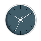 Navy blue slate silent wall clock, white base, white hands, black markers, 10 inch, front view.