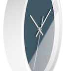 Navy blue slate silent wall clock, white base, white hands, black markers, 10 inch, side view.