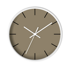 Neutral taupe silent wall clock, white base, white hands, black markers, 10 inch, front view.