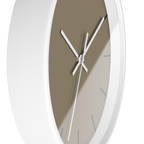 Neutral taupe silent wall clock, white base, white hands, black markers, 10 inch, side view.