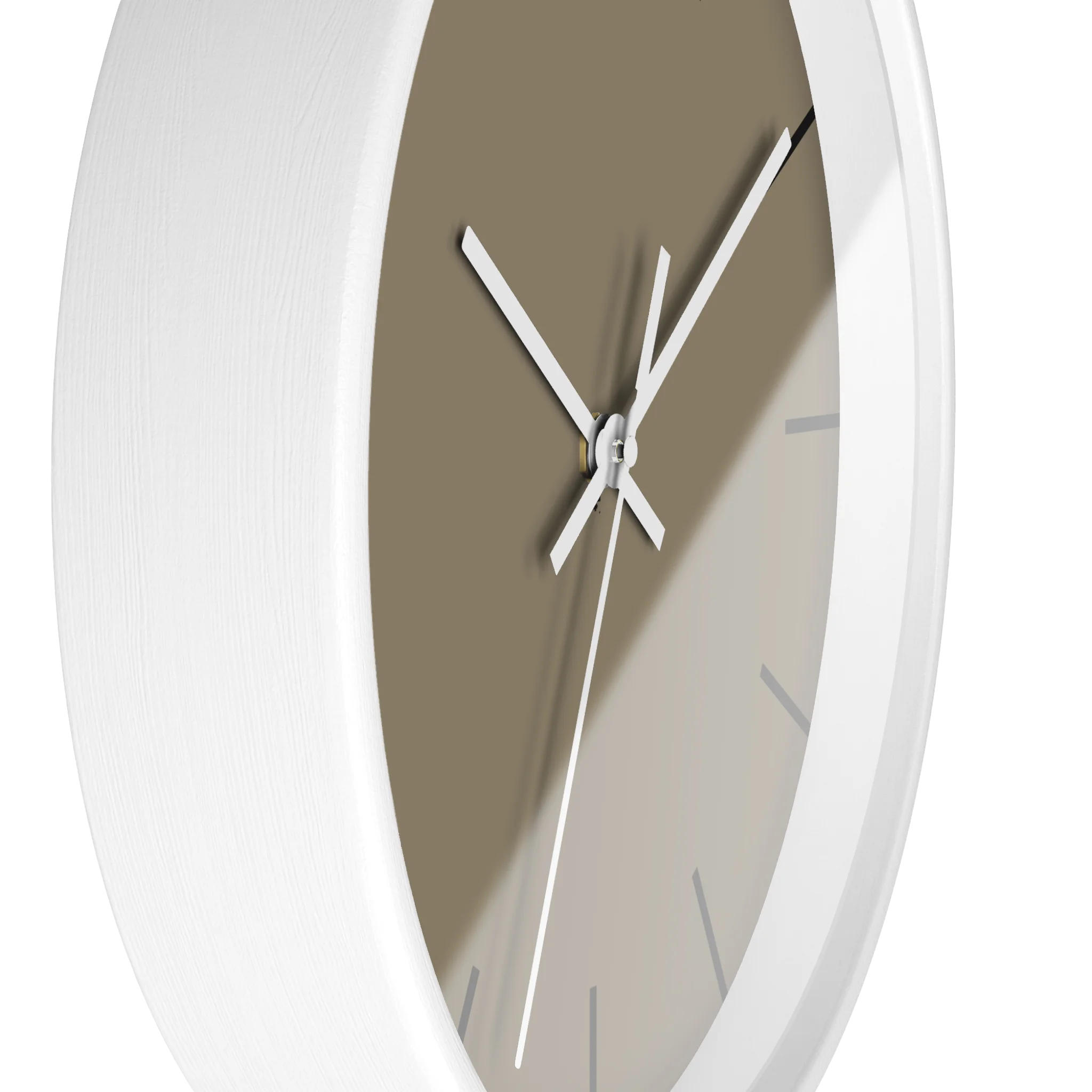Neutral taupe silent wall clock, white base, white hands, black markers, 10 inch, side view.