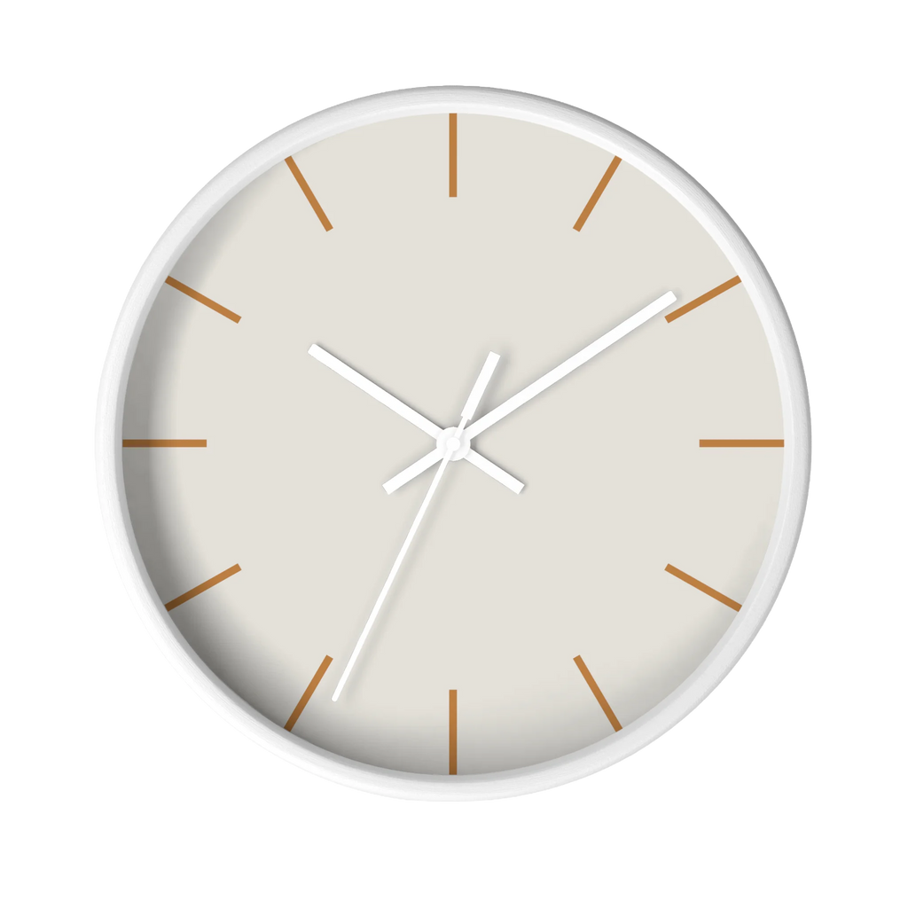 Off white silent wall clock, white base, white hands, light brown markers, 10 inch, front view.