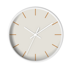 Off white silent wall clock, white base, white hands, light brown markers, 10 inch, front view.