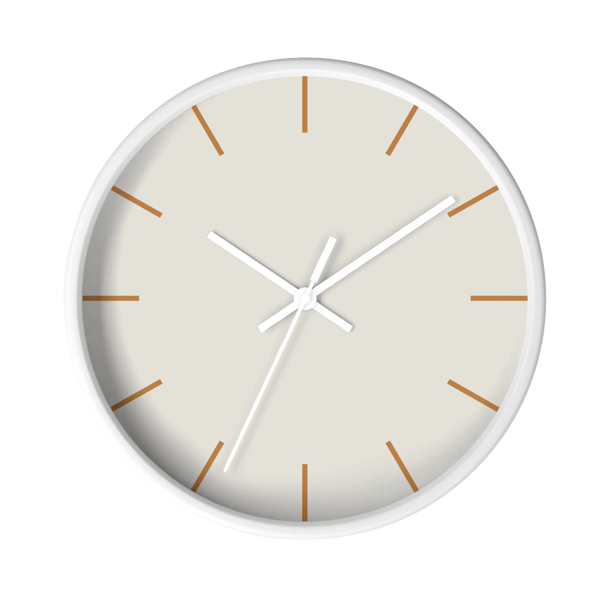 Off white silent wall clock, white base, white hands, light brown markers, 10 inch, front view.