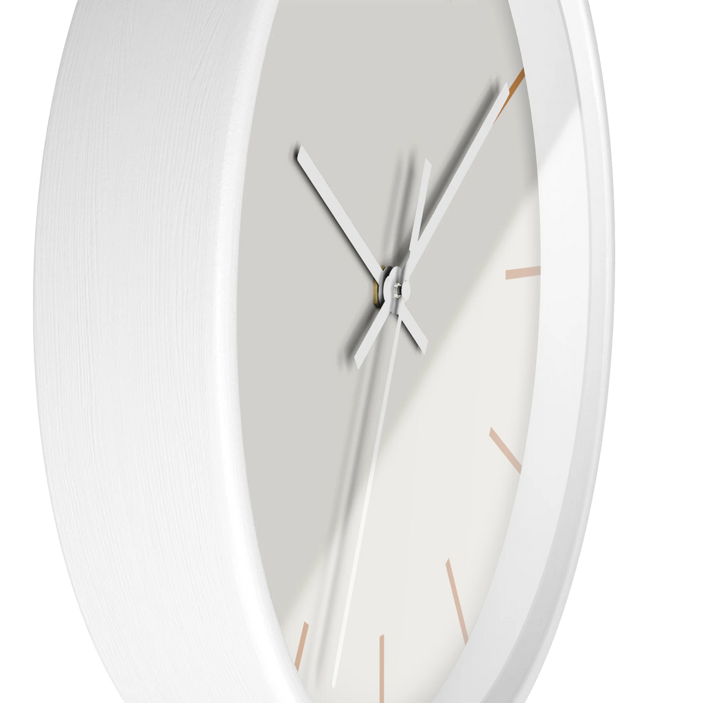 Off white silent wall clock, white base, white hands, light brown markers, 10 inch, side view.