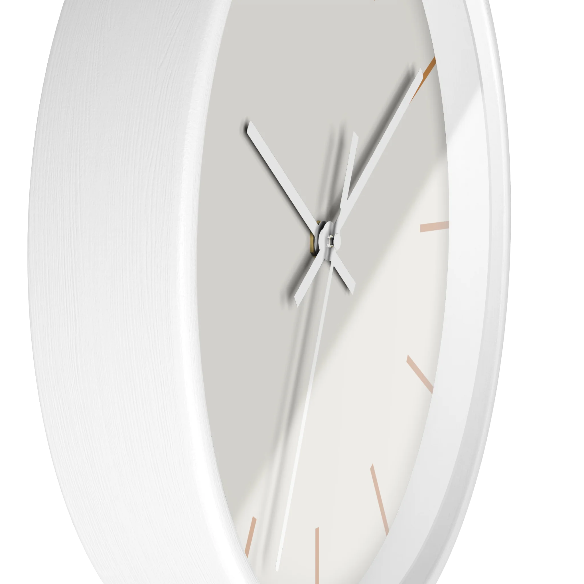 Off white silent wall clock, white base, white hands, light brown markers, 10 inch, side view.