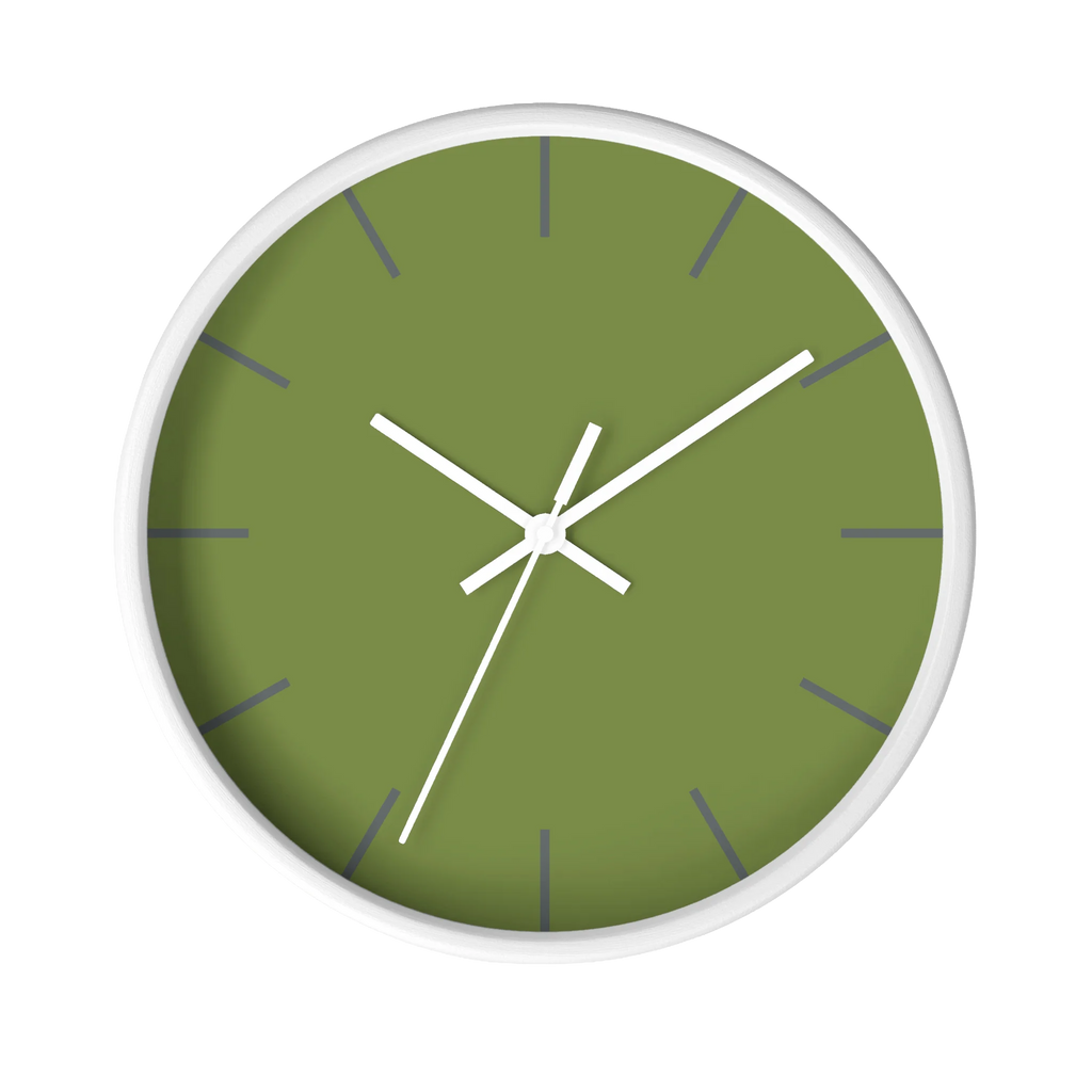 Olive green silent wall clock, white base, white hands, dark grey markers, 10 inch, front view.