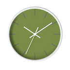 Olive green silent wall clock, white base, white hands, dark grey markers, 10 inch, front view.