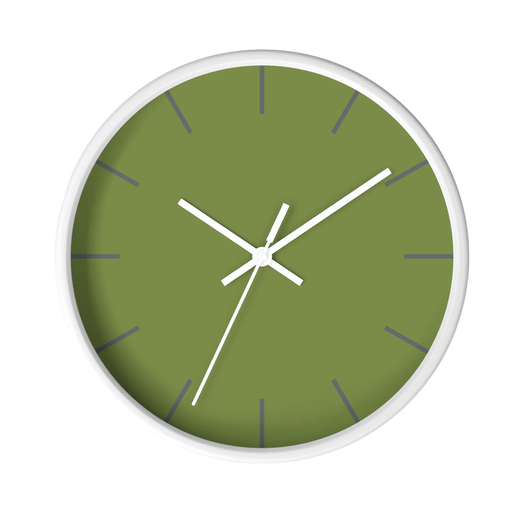 Olive green silent wall clock, white base, white hands, dark grey markers, 10 inch, front view.