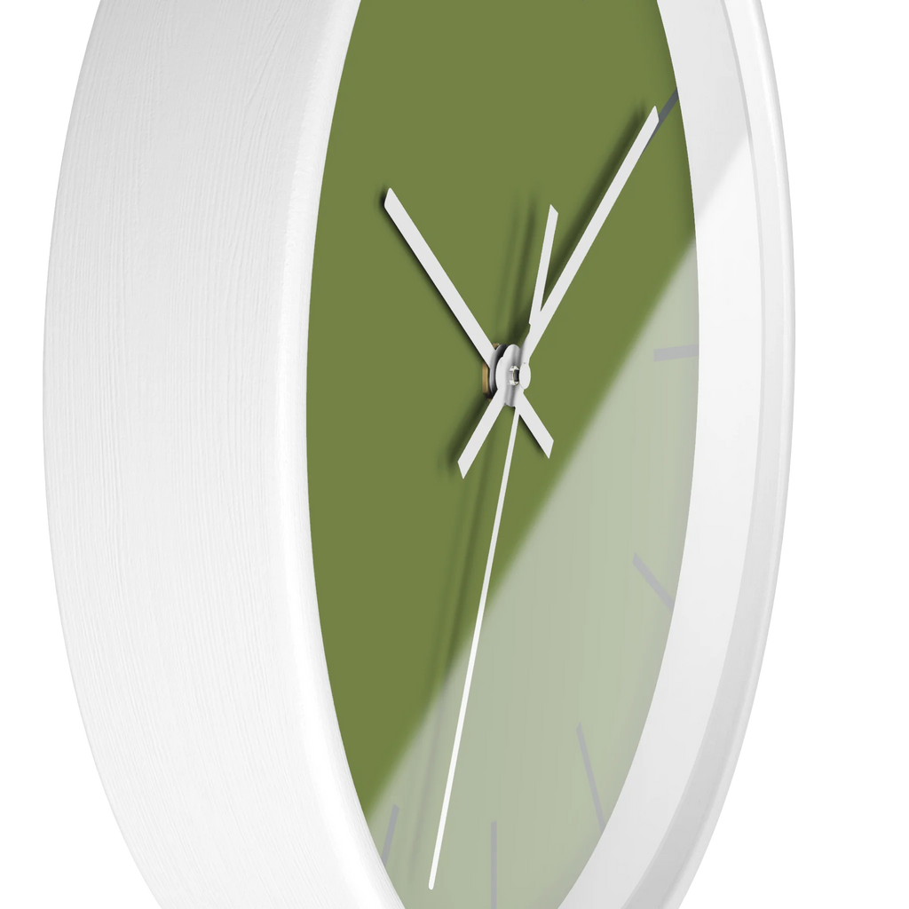 Olive green silent wall clock, white base, white hands, dark grey markers, 10 inch, side view.