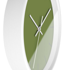 Olive green silent wall clock, white base, white hands, dark grey markers, 10 inch, side view.