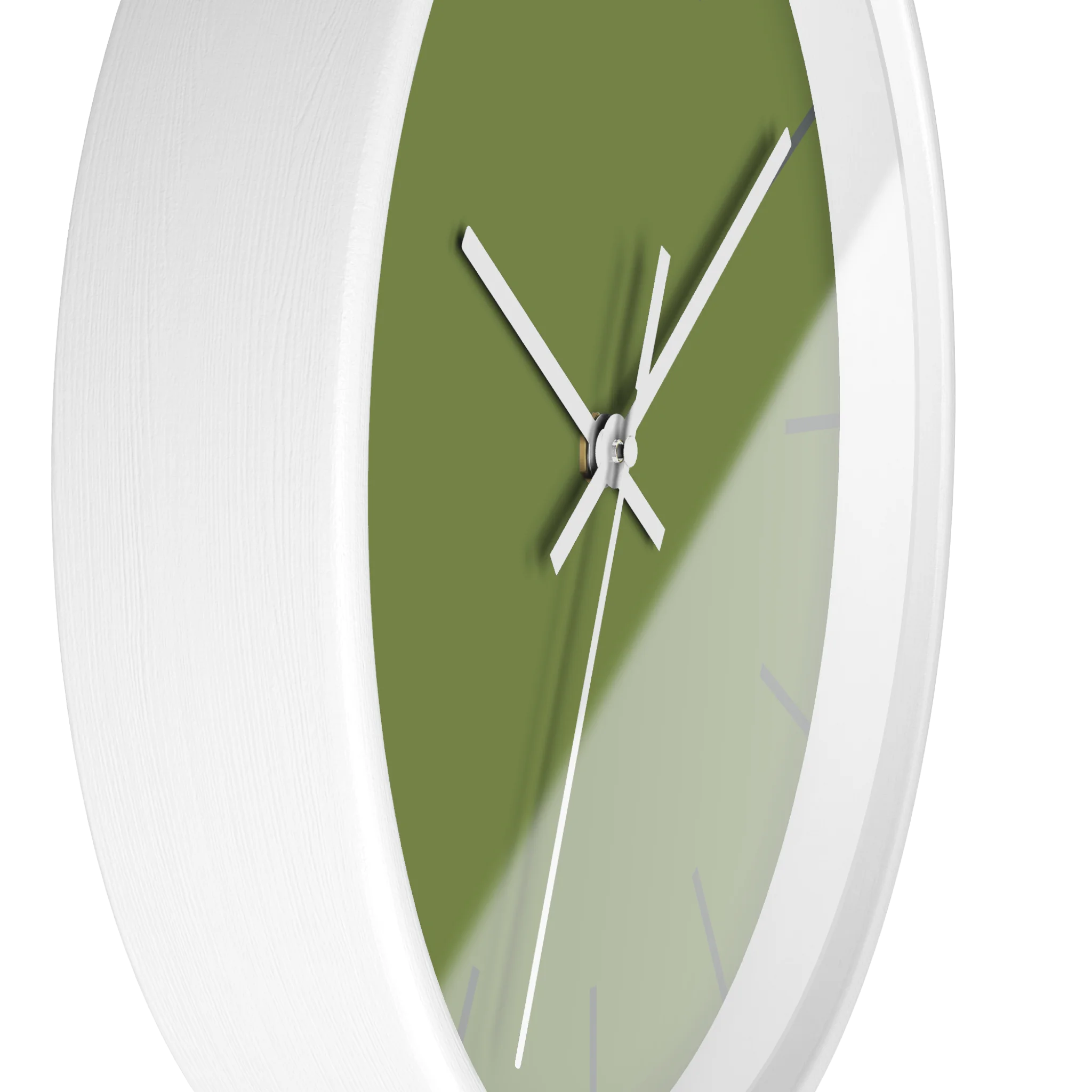 Olive green silent wall clock, white base, white hands, dark grey markers, 10 inch, side view.