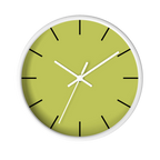 Orchid lime green silent wall clock, white base, white hands, black markers, 10 inch, front view.