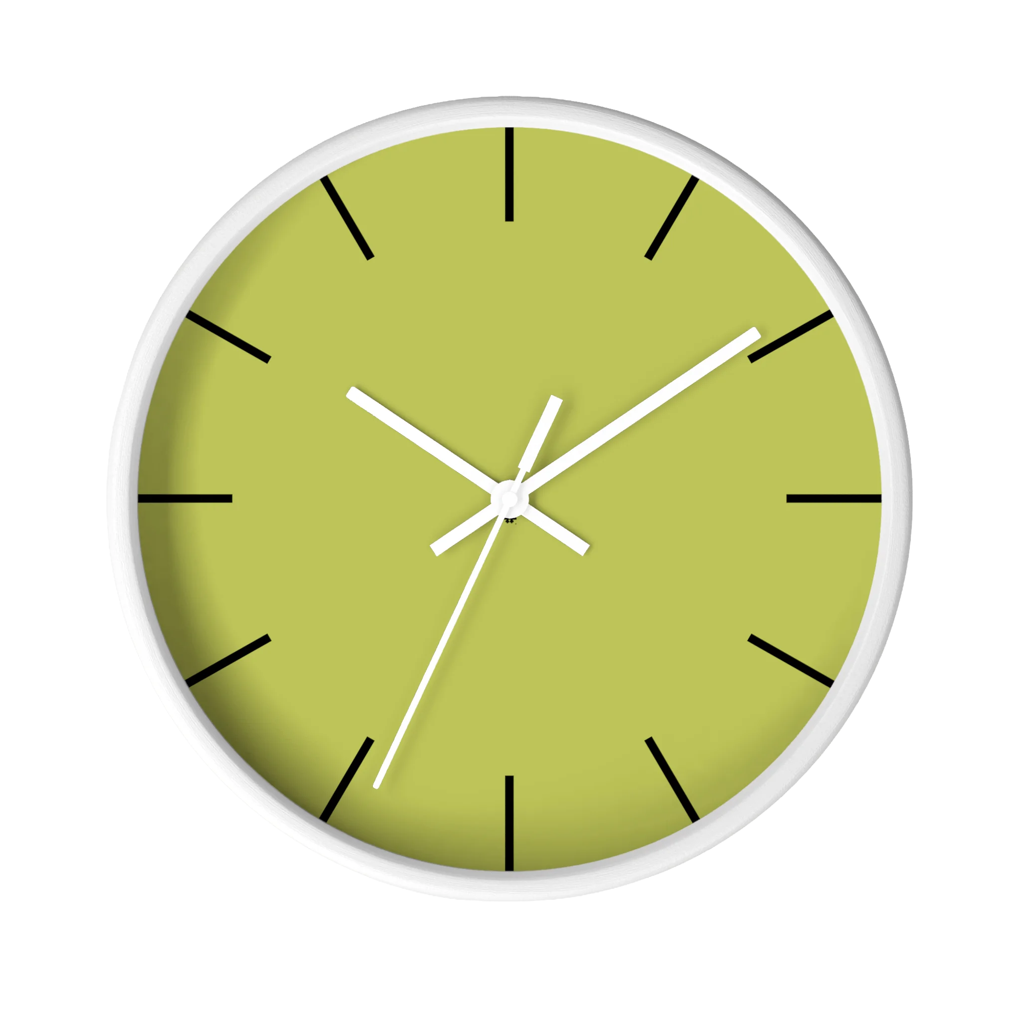 Orchid lime green silent wall clock, white base, white hands, black markers, 10 inch, front view.