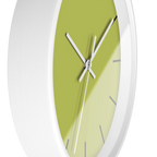 Orchid lime green silent wall clock, white base, white hands, black markers, 10 inch, side view.