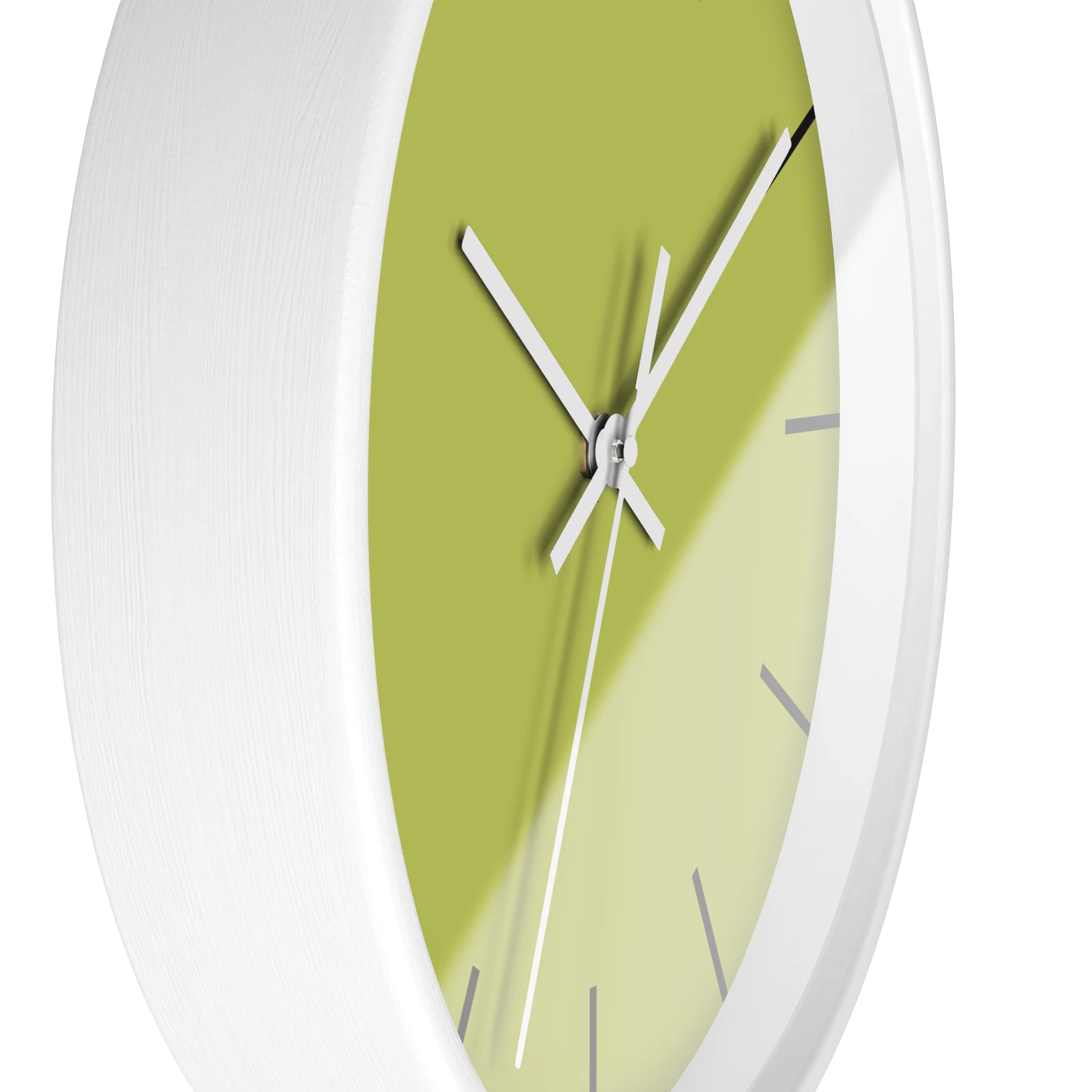 Orchid lime green silent wall clock, white base, white hands, black markers, 10 inch, side view.
