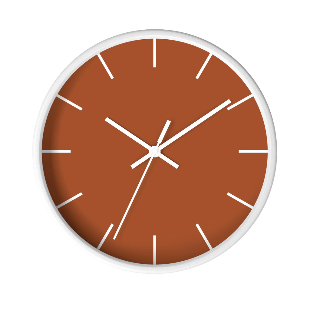 Paarl terracotta silent wall clock, white base, white hands, white markers, 10 inch, front view.