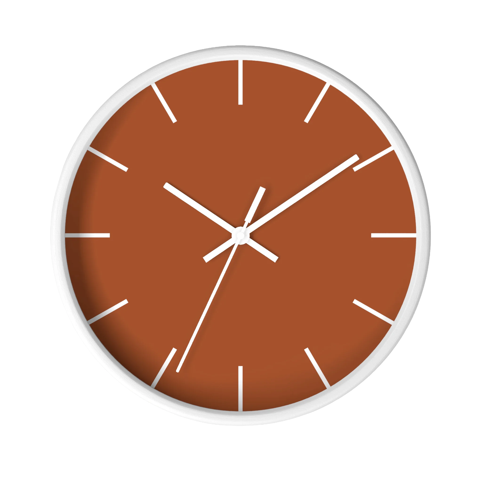 Paarl terracotta silent wall clock, white base, white hands, white markers, 10 inch, front view.