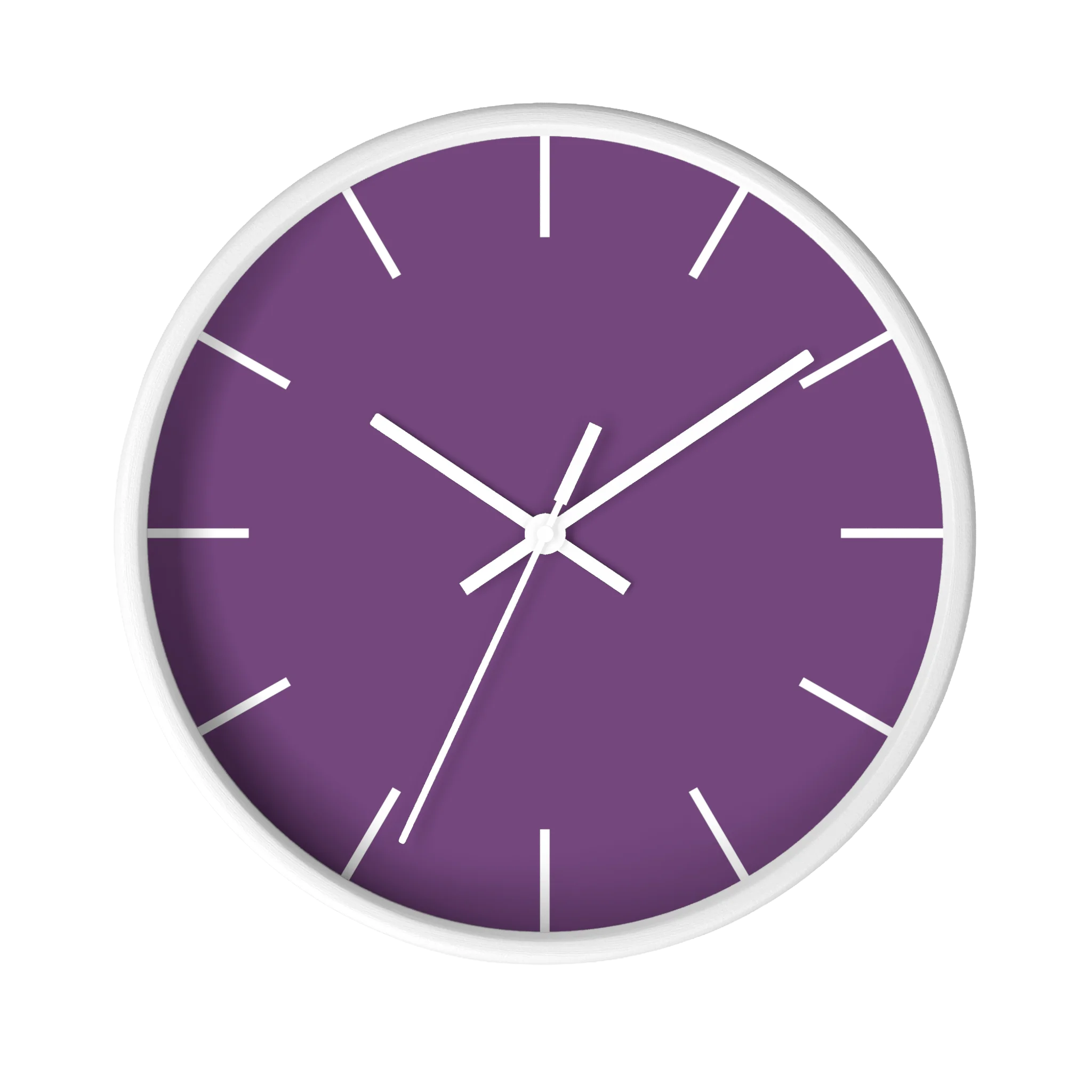 Purple silent wall clock, white base, white hands, white markers, 10 inch, front view.