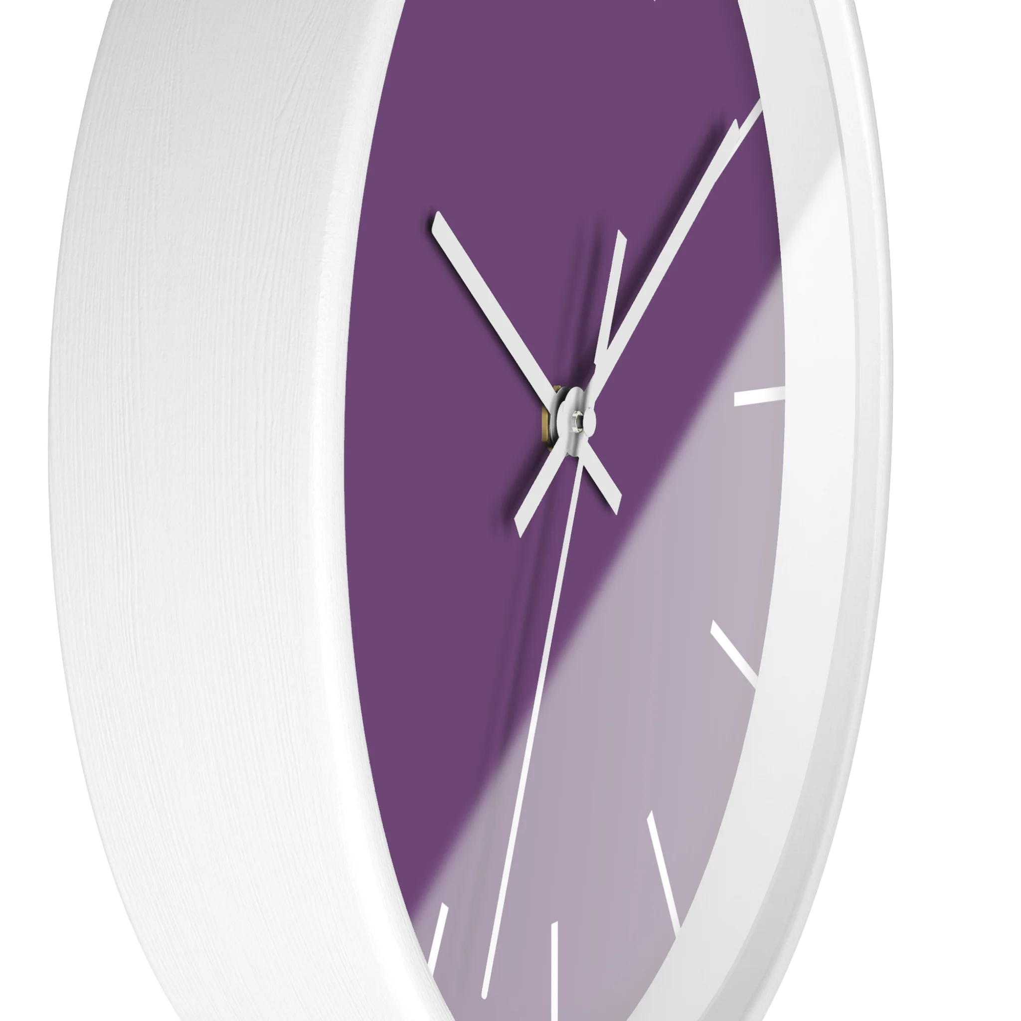 Purple silent wall clock, white base, white hands, white markers, 10 inch, side view.