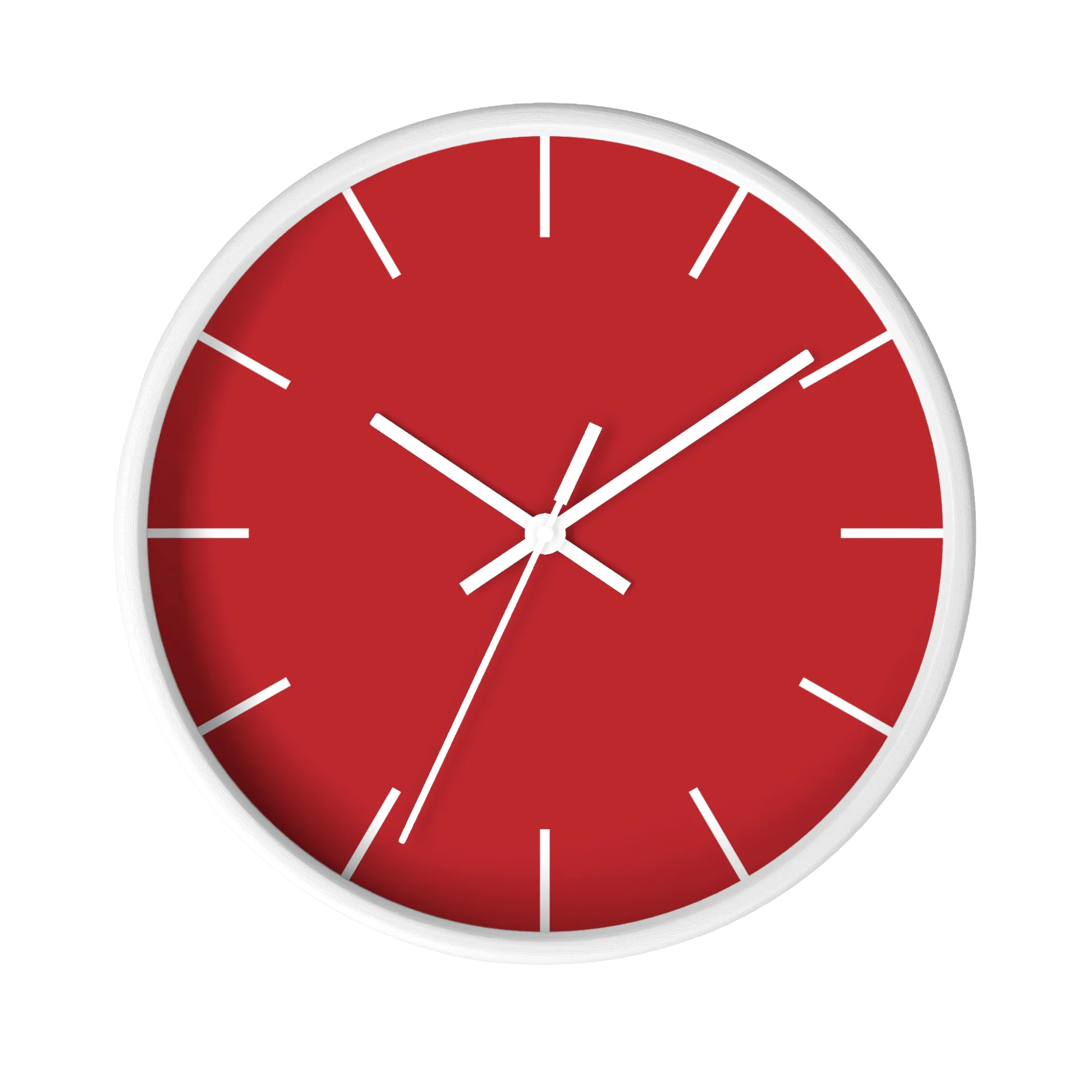 Red silent wall clock, white base, white hands, white markers, 10 inch, front view.