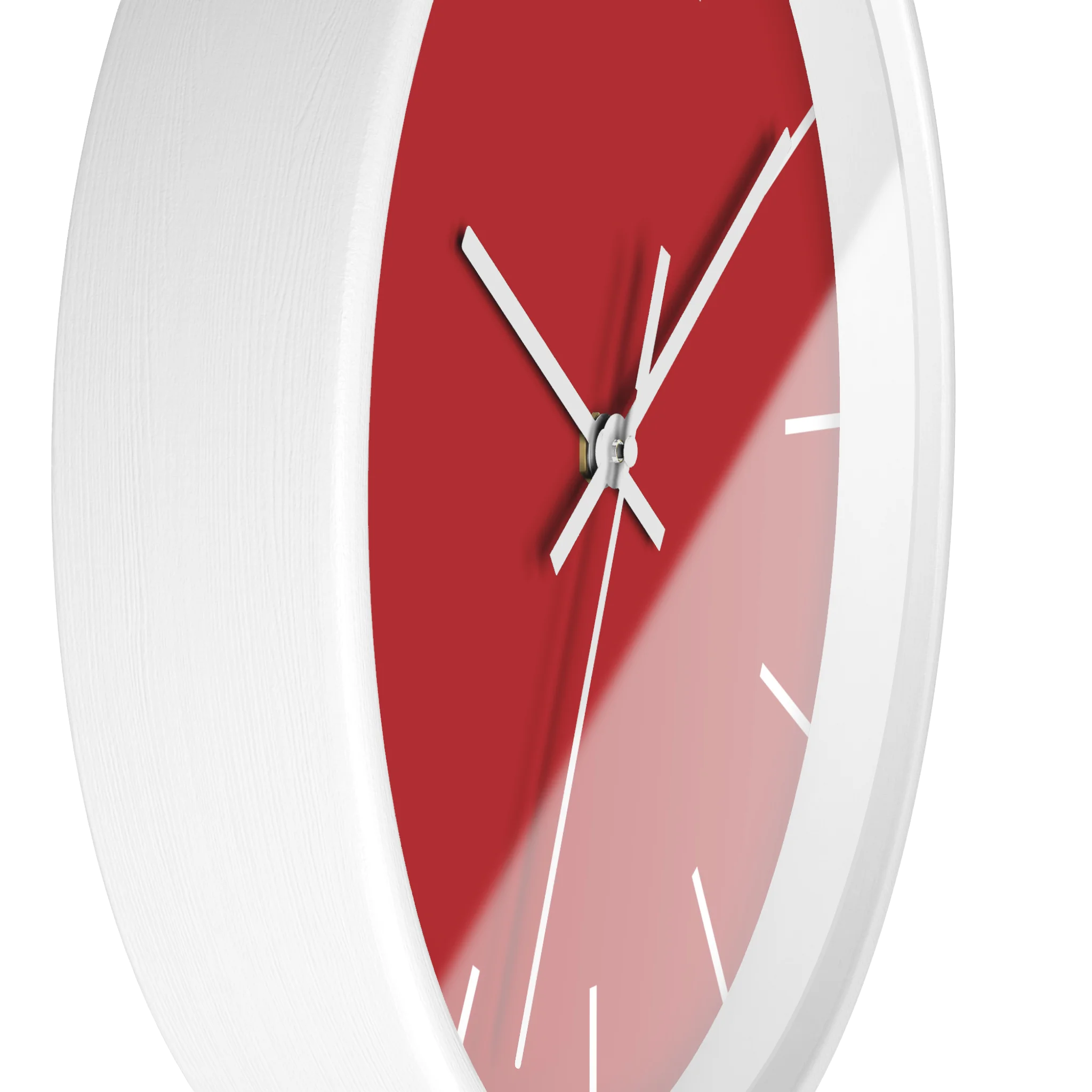 Red silent wall clock, white base, white hands, white markers, 10 inch, side view.