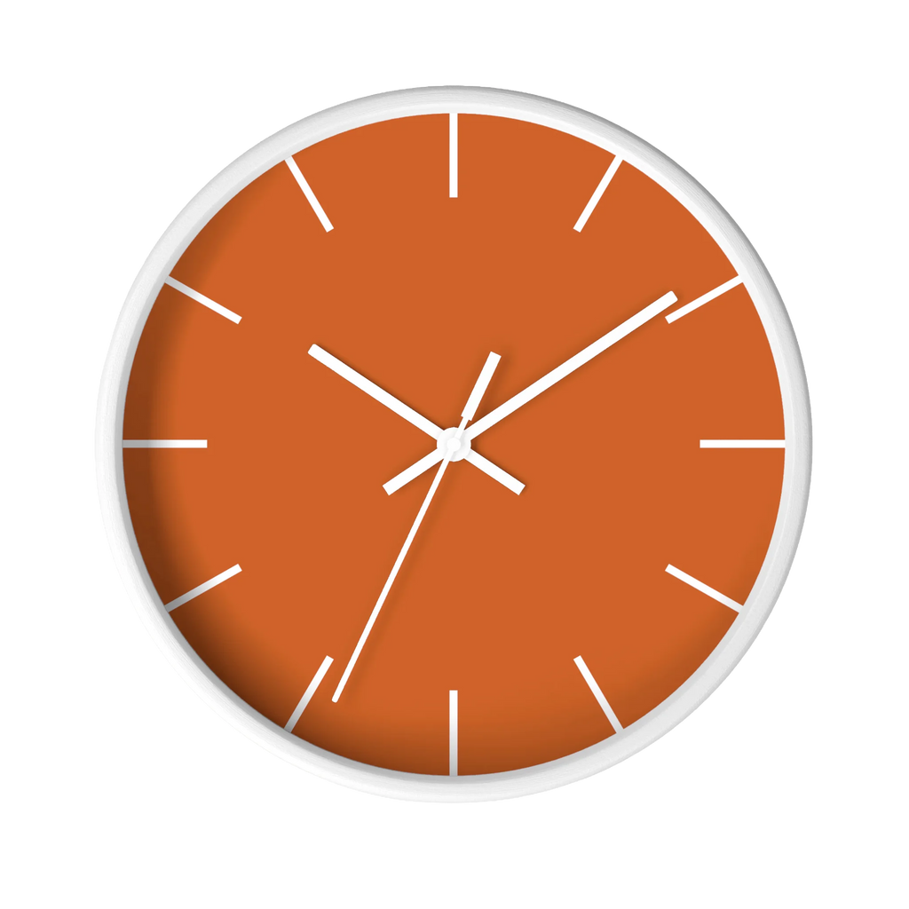 Roman earth rust orange silent wall clock, white base, white hands, white markers, 10 inch, front view.