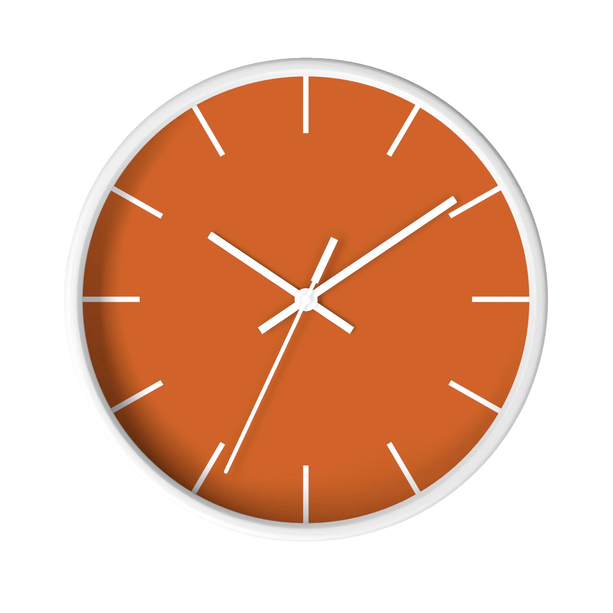 Roman earth rust orange silent wall clock, white base, white hands, white markers, 10 inch, front view.