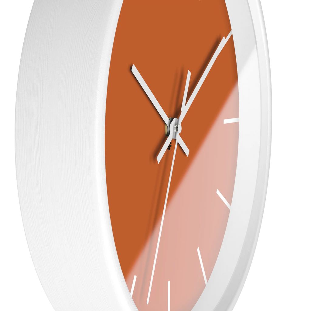 Roman earth rust orange silent wall clock, white base, white hands, white markers, 10 inch, side view.