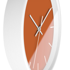 Roman earth rust orange silent wall clock, white base, white hands, white markers, 10 inch, side view.