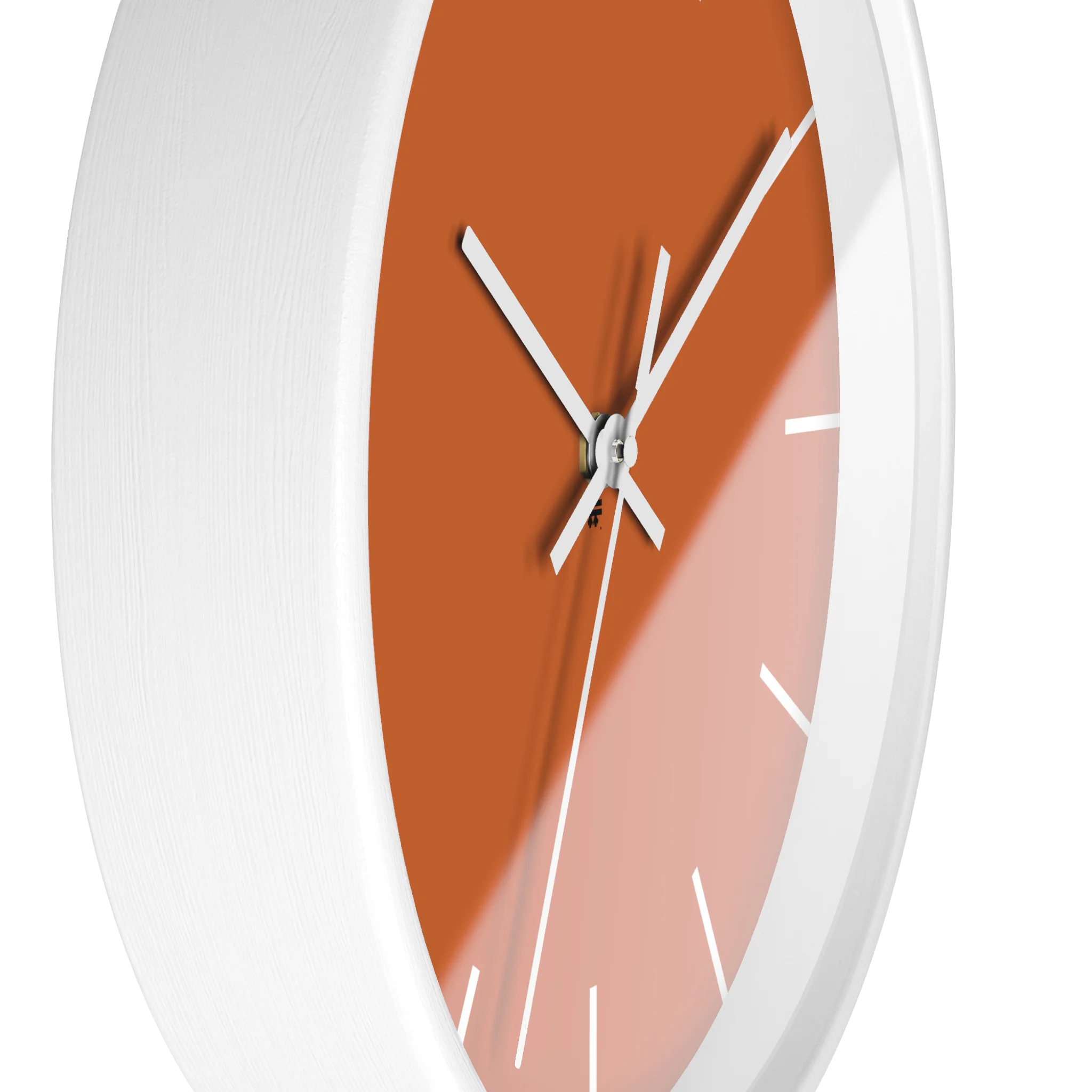 Roman earth rust orange silent wall clock, white base, white hands, white markers, 10 inch, side view.