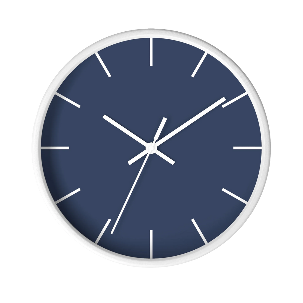 Rugged blue navy silent wall clock, white base, white hands, white markers, 10 inch, front view.
