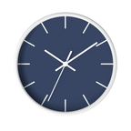Rugged blue navy silent wall clock, white base, white hands, white markers, 10 inch, front view.