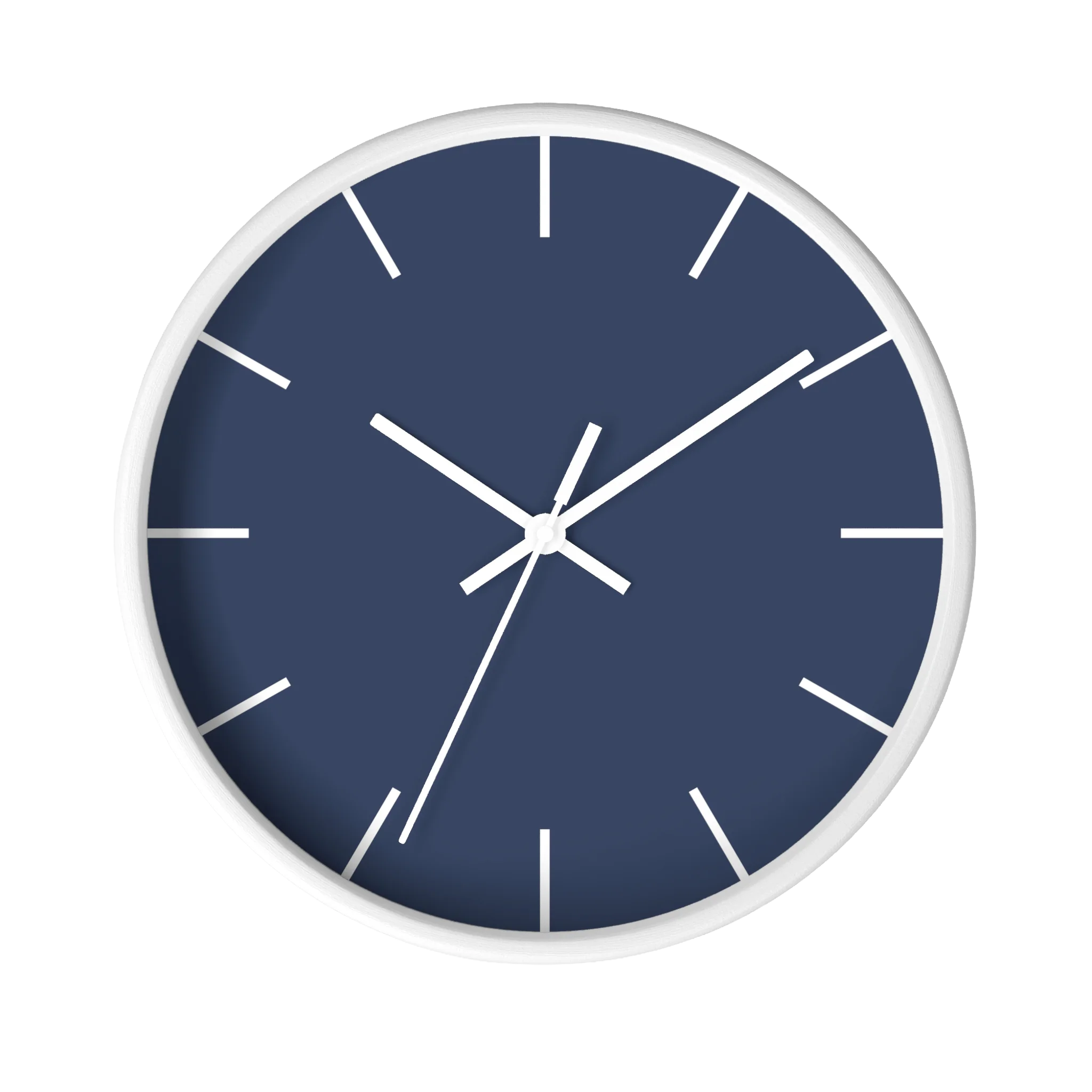 Rugged blue navy silent wall clock, white base, white hands, white markers, 10 inch, front view.