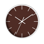 Saddle brown silent wall clock, white base, white hands, white markers, 10 inch, front view.