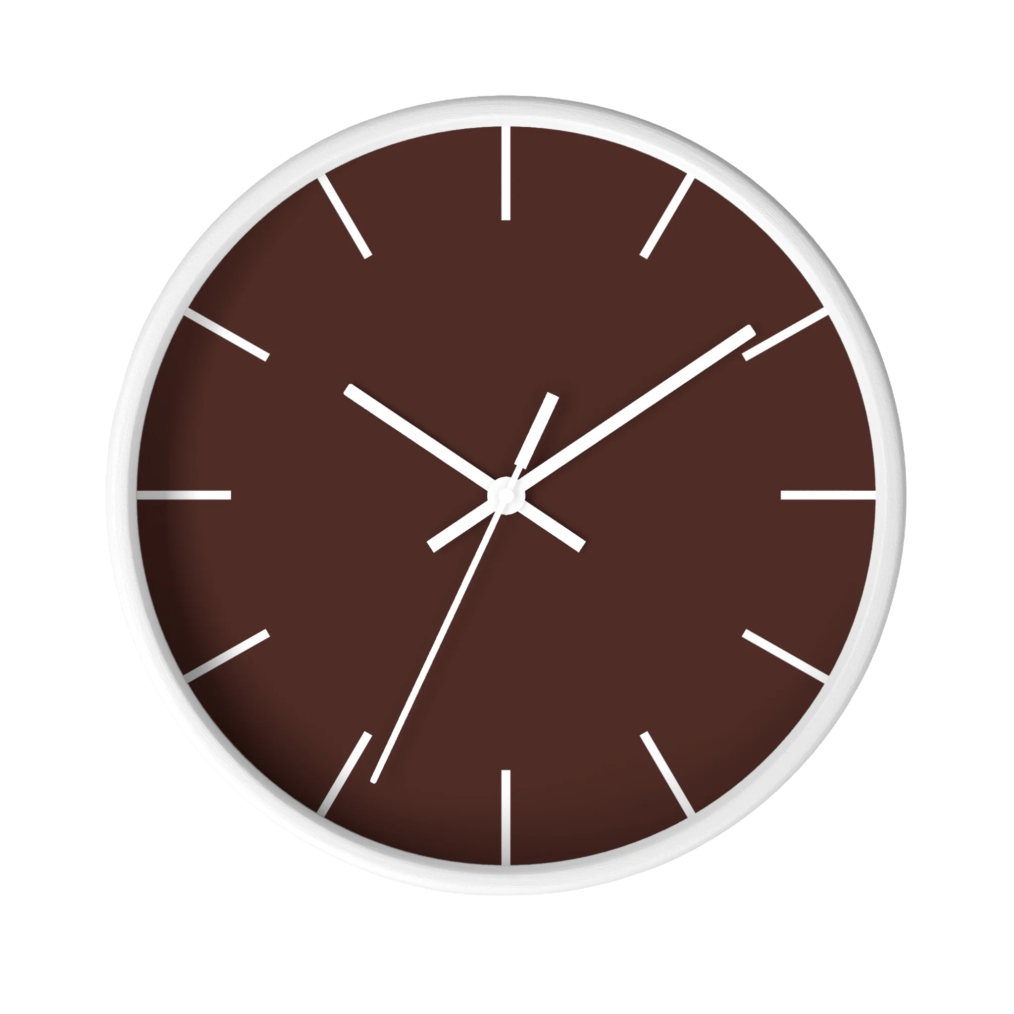 Saddle brown silent wall clock, white base, white hands, white markers, 10 inch, front view.