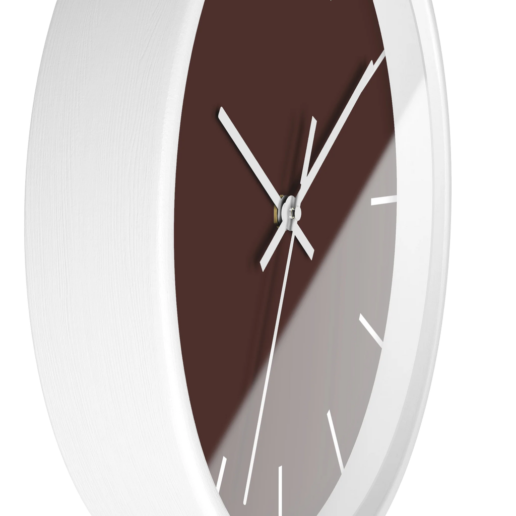 Saddle brown silent wall clock, white base, white hands, white markers, 10 inch, side view.