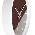 Saddle brown silent wall clock, white base, white hands, white markers, 10 inch, side view.