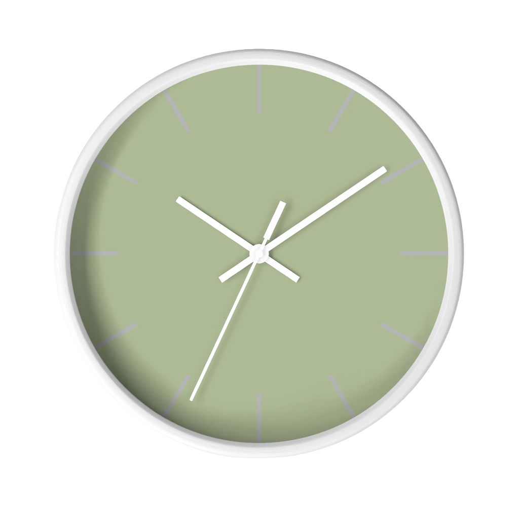 Schist green silent wall clock, white base, white hands, light grey markers, 10 inch, front view.