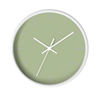Schist green silent wall clock, white base, white hands, light grey markers, 10 inch, front view.