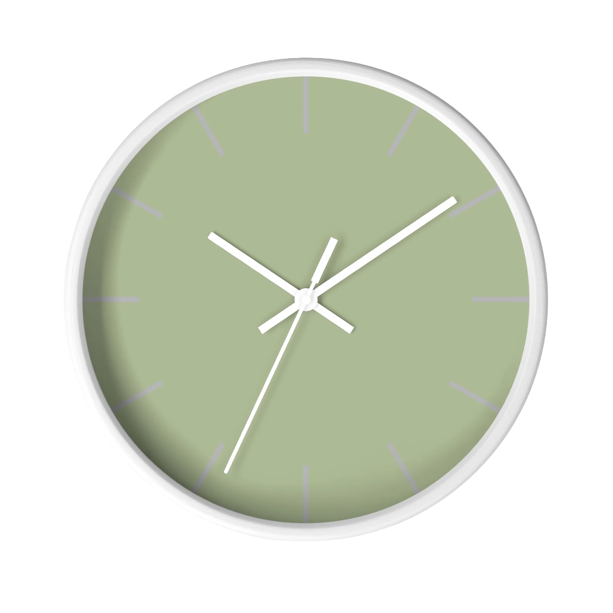 Schist green silent wall clock, white base, white hands, light grey markers, 10 inch, front view.