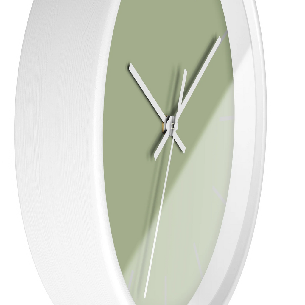 Schist green silent wall clock, white base, white hands, light grey markers, 10 inch, side view.