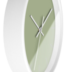 Schist green silent wall clock, white base, white hands, light grey markers, 10 inch, side view.