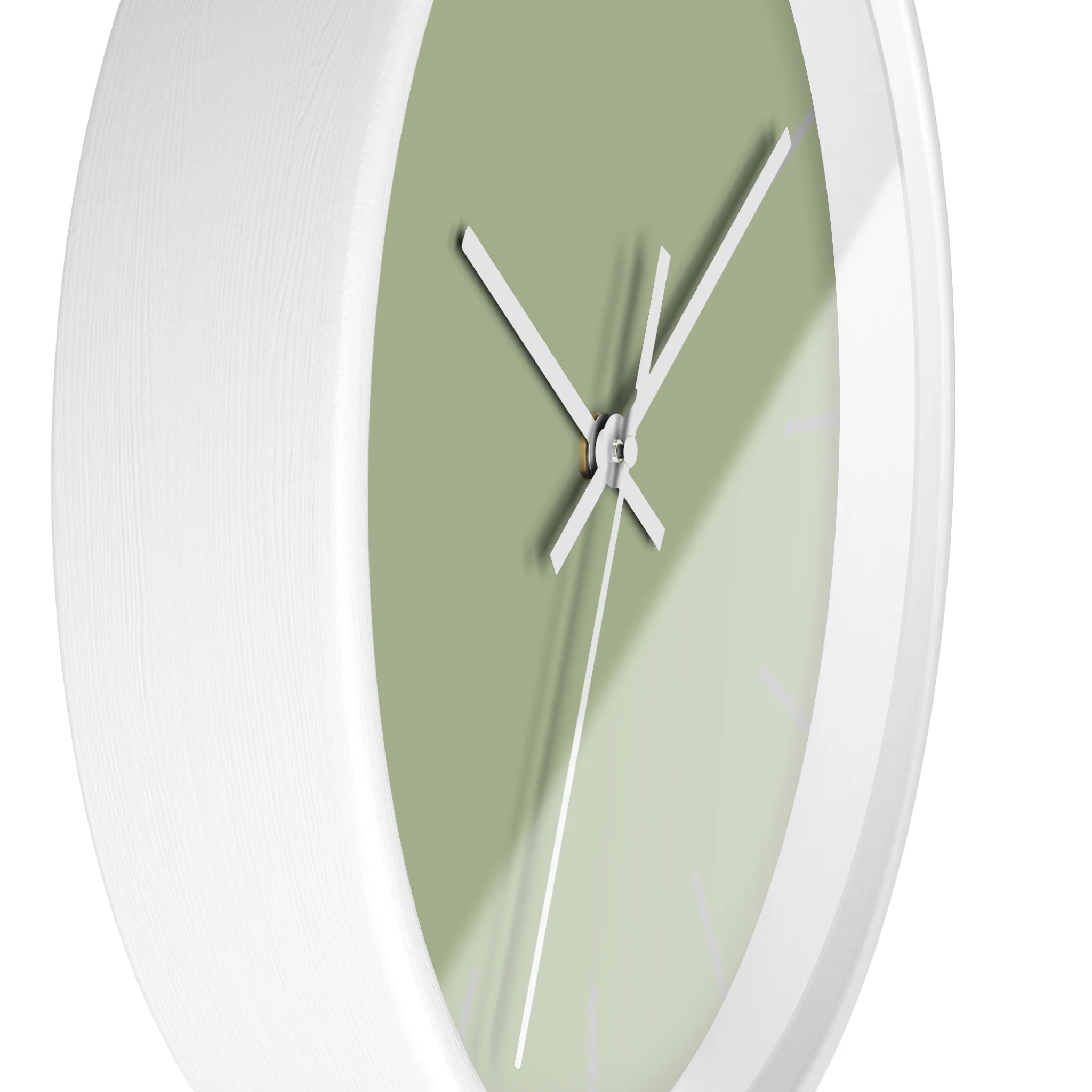Schist green silent wall clock, white base, white hands, light grey markers, 10 inch, side view.