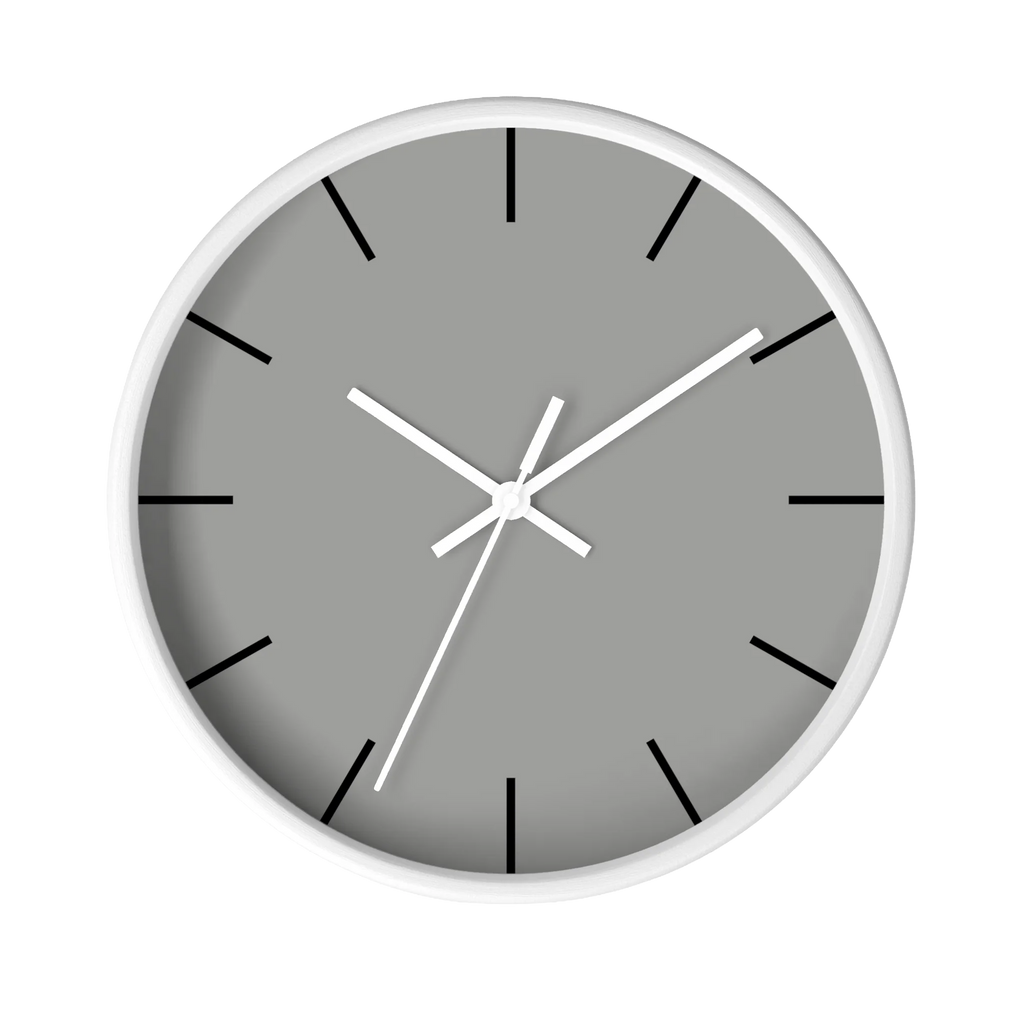 Stardust grey silent wall clock, white base, white hands, black markers, 10 inch, front view.