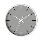 Stardust grey silent wall clock, white base, white hands, black markers, 10 inch, front view.