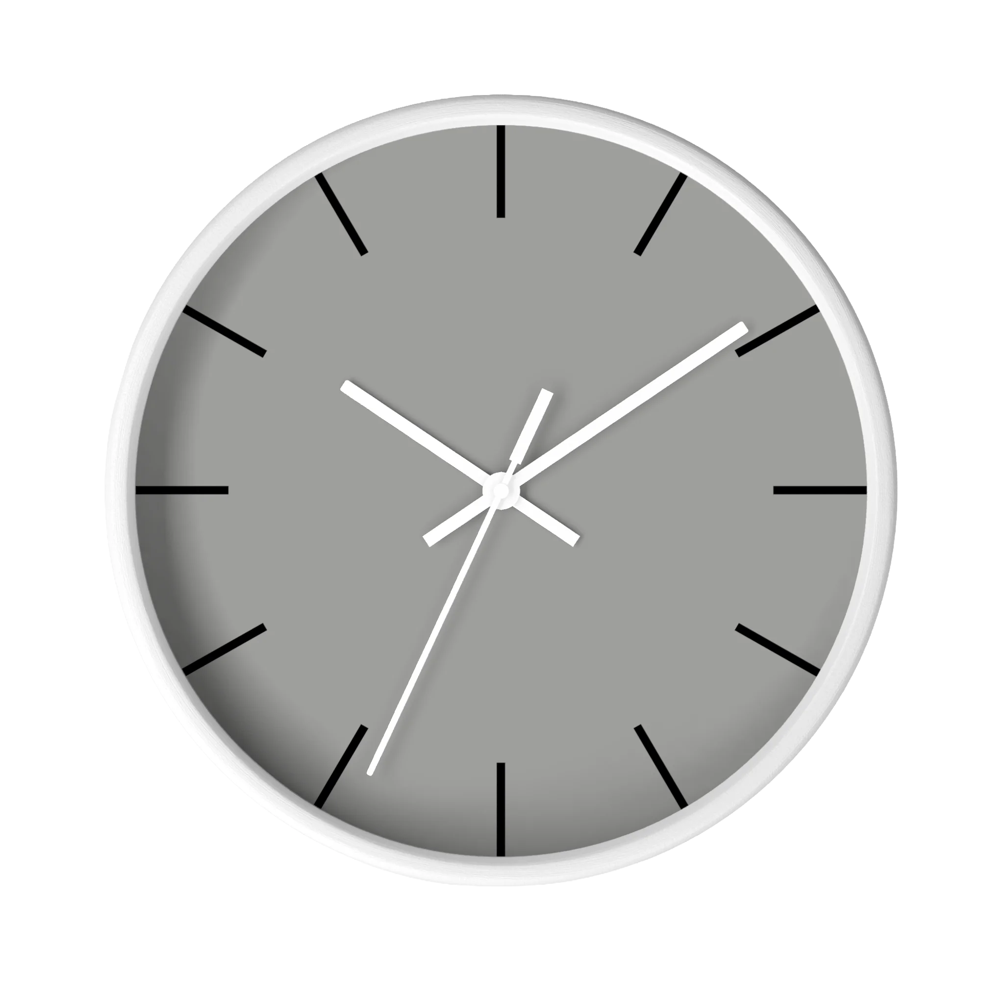 Stardust grey silent wall clock, white base, white hands, black markers, 10 inch, front view.