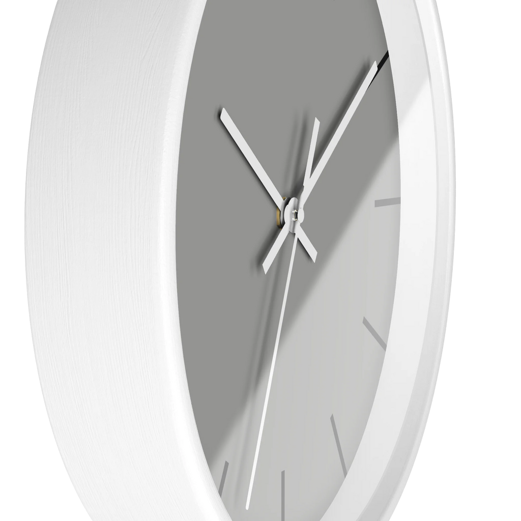 Stardust grey silent wall clock, white base, white hands, black markers, 10 inch, side view.